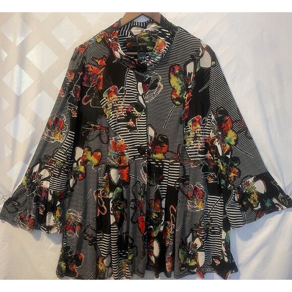 New ALI MILES Butterflies Floral Striped Abstract Art to wear Boho Tunic Bell 2X - Picture 3 of 16